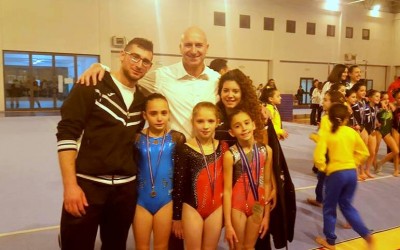 6 feb 2016 - Campionati Regional di Categoria Ginnastica Artistica - Scuola dello Sport Ragusa. Da dx Angelo Floridia, Daniele Pellegrino, Francesca Giannone (tutt'e tre istruttori). In basso Francesca Modica, Giuliana Guerrieri e Carlotta Floridia